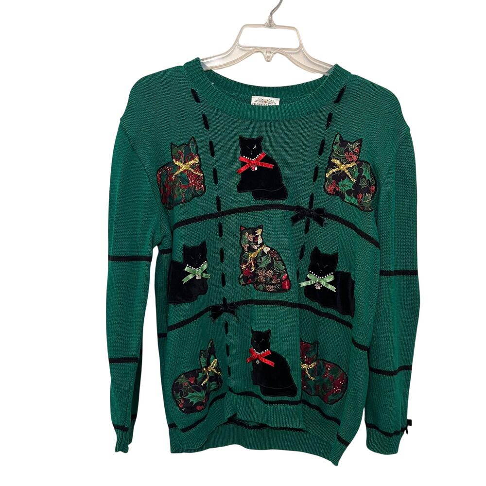 VTG Susan Bristol Cat Sweater Large Green Ugly Christmas Holly Floral Bows 1992